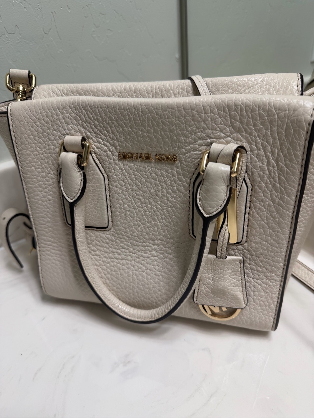 Michael Kors Cream Textured Leather Satchel with Gold Hardware